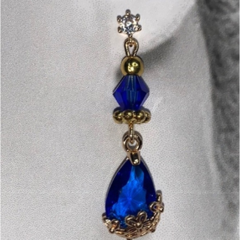 Post Stud Earrings with Dangling Teardrop Blue Polished Crystal Glass Pendant